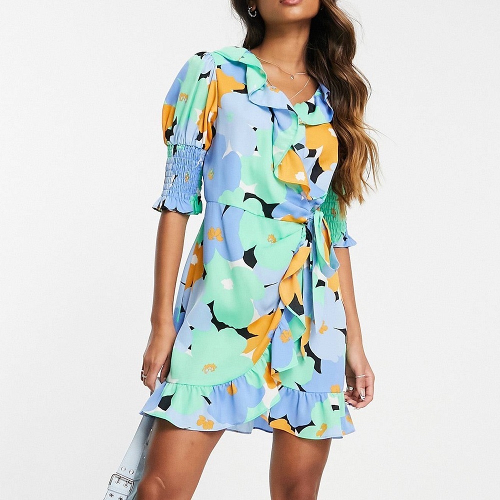 New Topshop blue floral wrap mini dress
